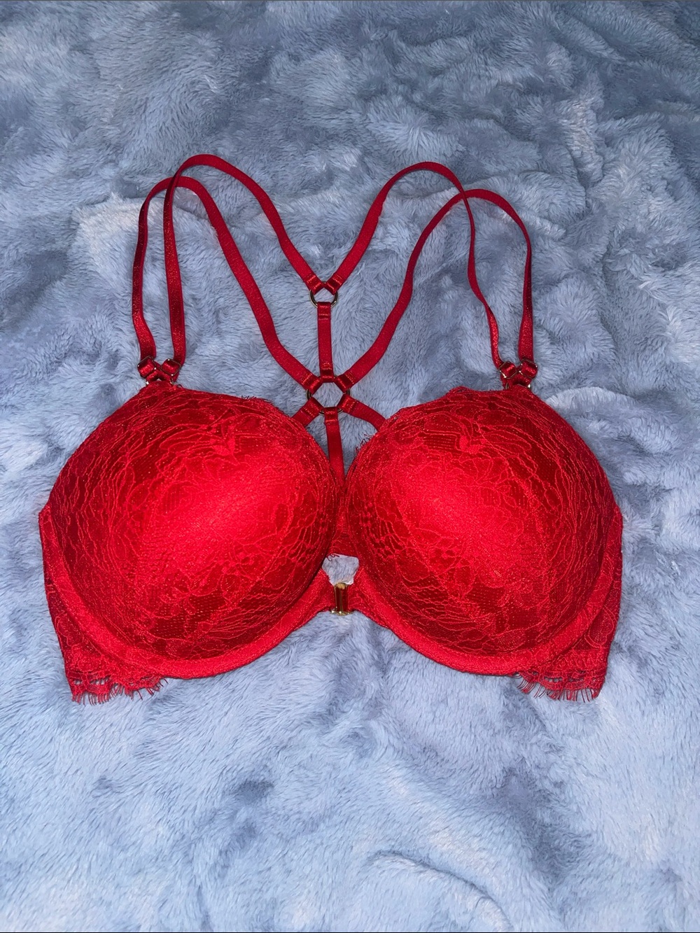 Victoria's Secret Bombshell Red Lace Push-Up Bra with Strappy Back